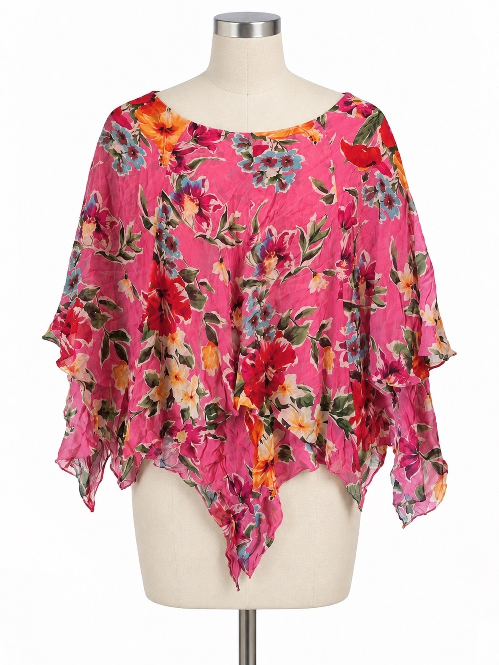 Ralph Lauren 100% Silk Floral Poncho Top Women's 14P Pink Vintage 90s Office Lux